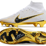 Chuteira Campo Nike Air Zoom Mercurial Superfly 9 Elite FG Branca, Preta e Dourada