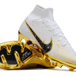 Chuteira Campo Nike Air Zoom Mercurial Superfly 9 Elite FG Branca, Preta e Dourada