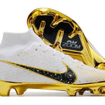 Chuteira Campo Nike Air Zoom Mercurial Superfly 9 Elite FG Branca, Preta e Dourada