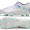Chuteira Campo Puma Future 7 FG Branca, Verde e Roxo "Brilliance Pack"