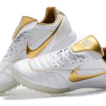 Chuteira Society Nike Retrô Tiempo Legend 7 Elite TF Branca e Dourado R10