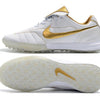 Chuteira Society Nike Retrô Tiempo Legend 7 Elite TF Branca e Dourado R10