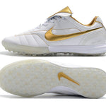 Chuteira Society Nike Retrô Tiempo Legend 7 Elite TF Branca e Dourado R10