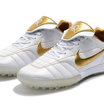 Chuteira Society Nike Retrô Tiempo Legend 7 Elite TF Branca e Dourado R10