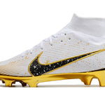 Chuteira Campo Nike Air Zoom Mercurial Superfly 9 Elite FG Branca, Preta e Dourada