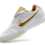 Chuteira Society Nike Retrô Tiempo Legend 7 Elite TF Branca e Dourado R10